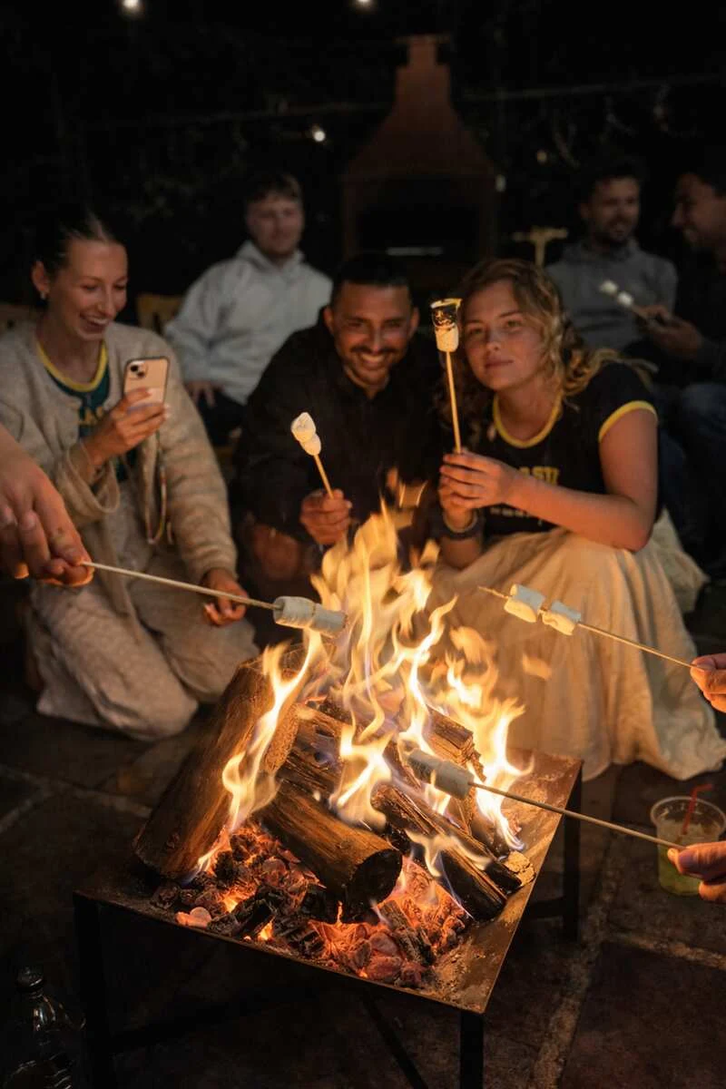 Travellers gathered around the fire at the castle