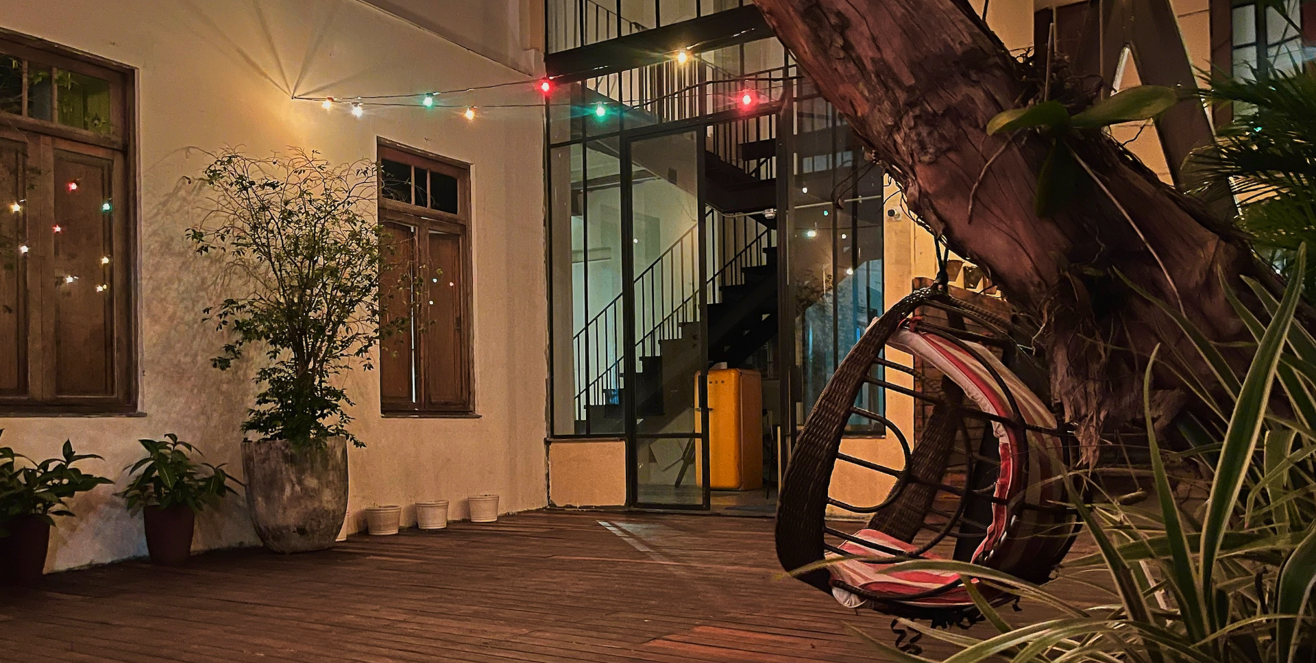 The Casa da Frente outer courtyard lit up at night