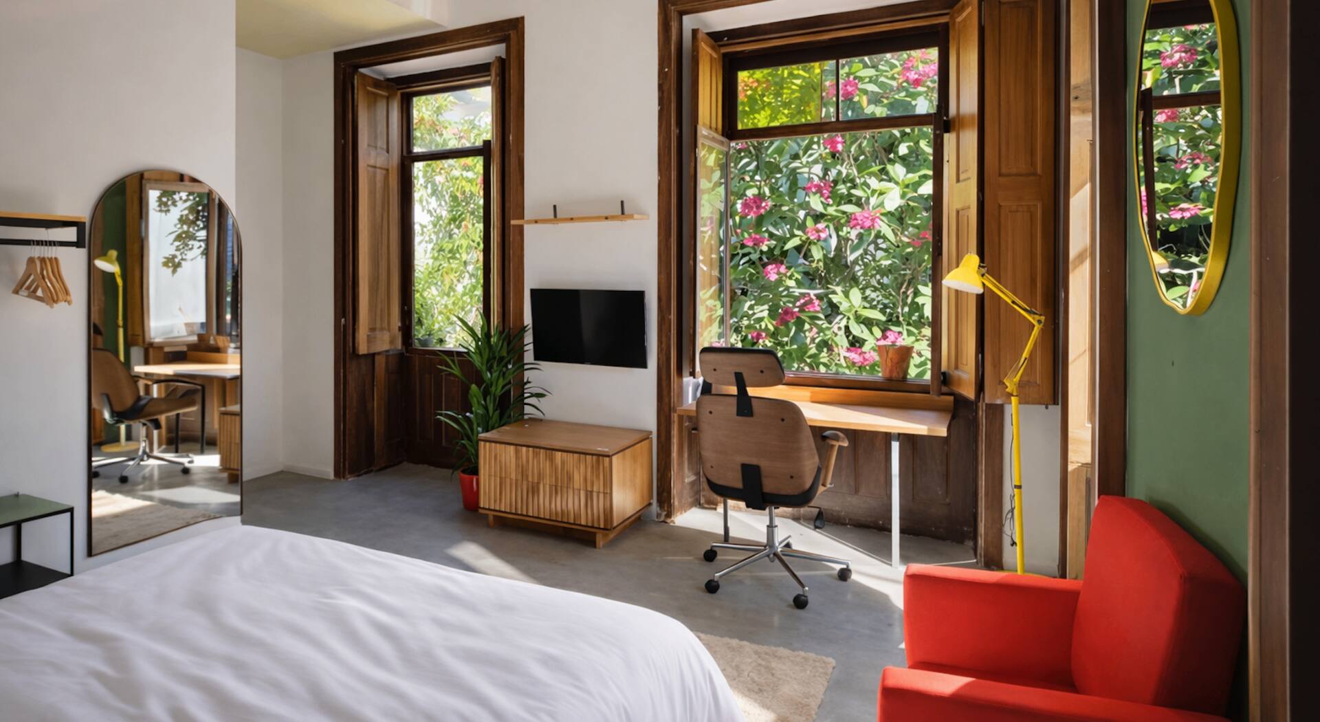 The bright room and its desk at Coliving Rio