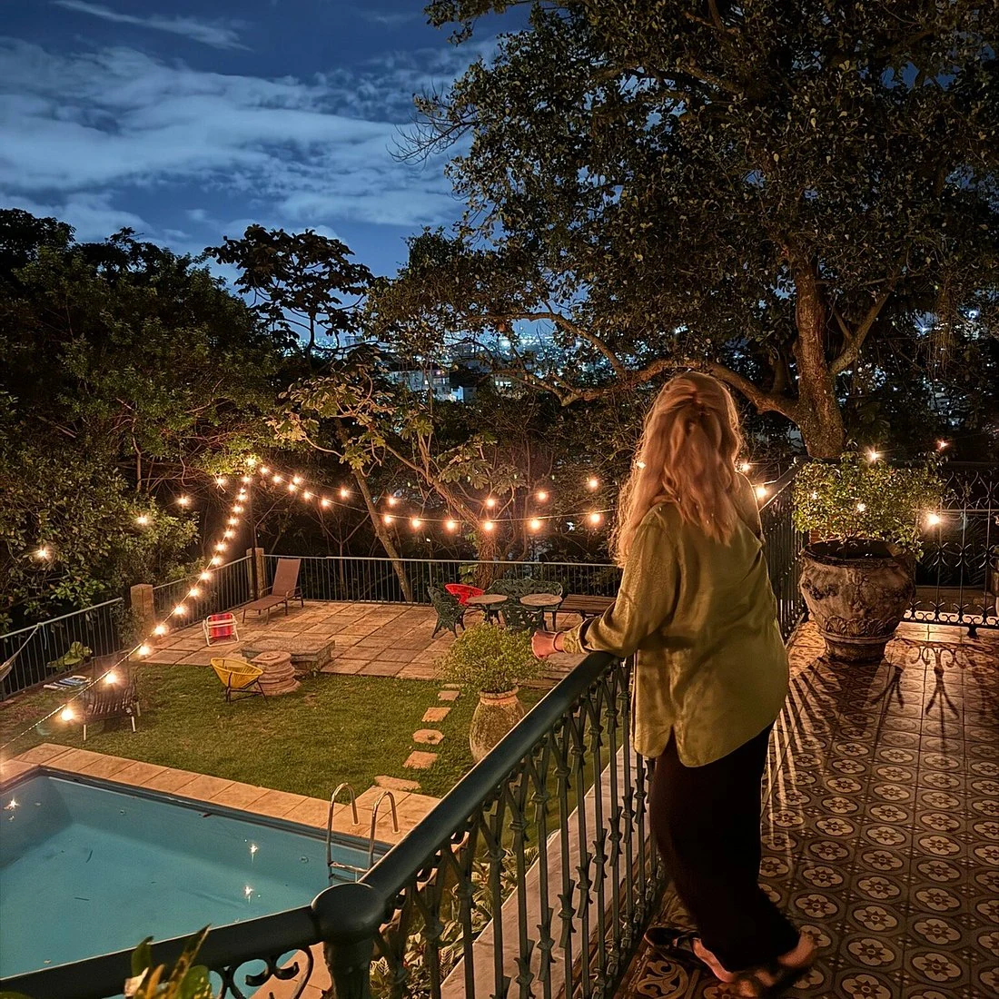 The garden lights up at night