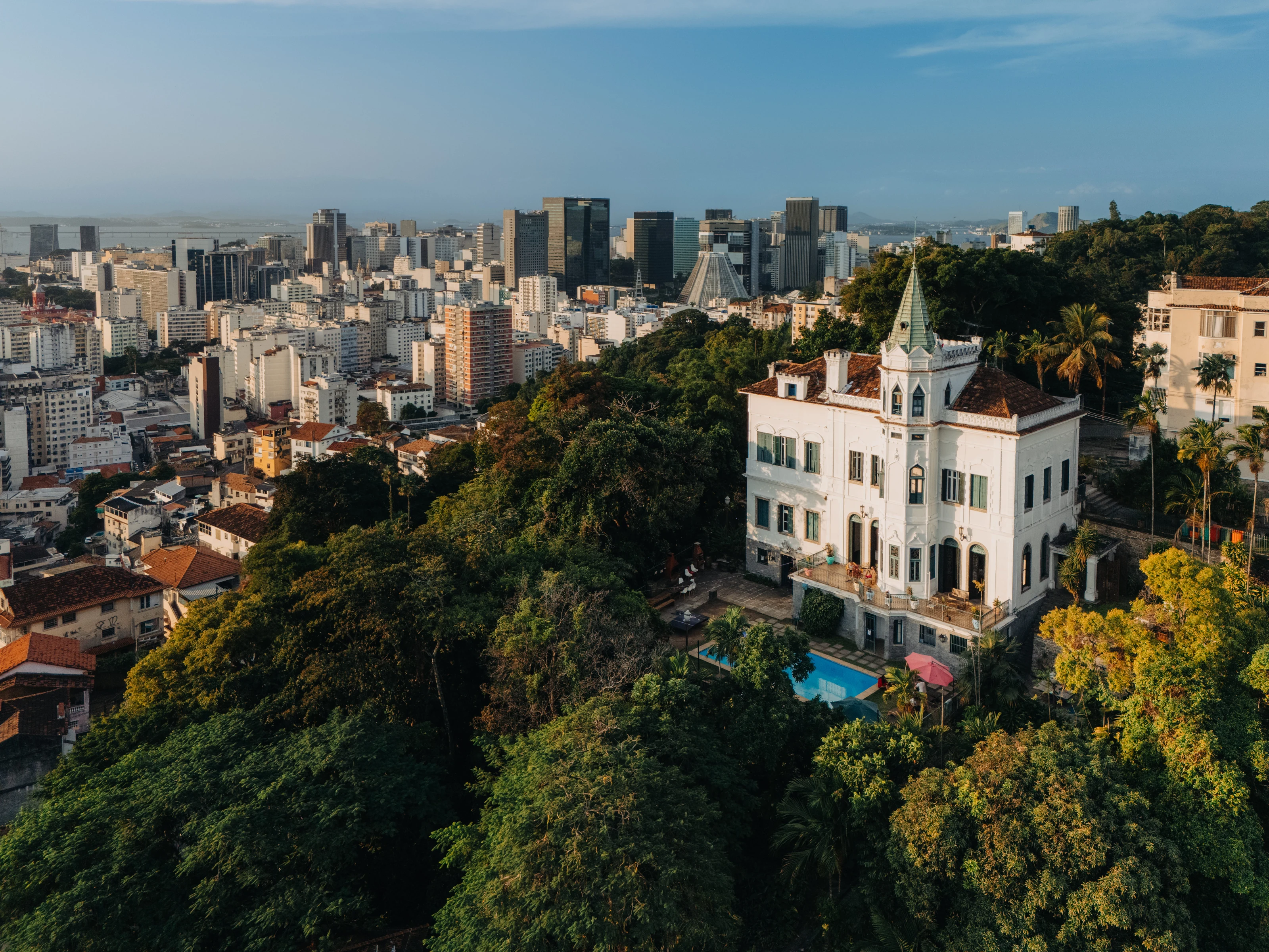 Aerial view of the Castelo among the hills of Santa Teresa