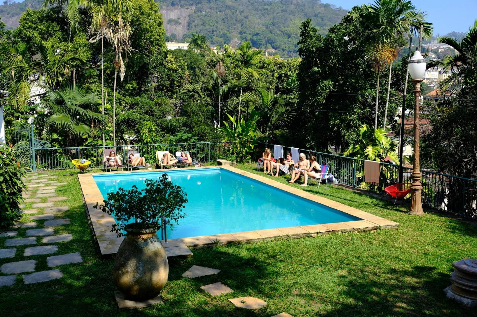 A garden around the pool