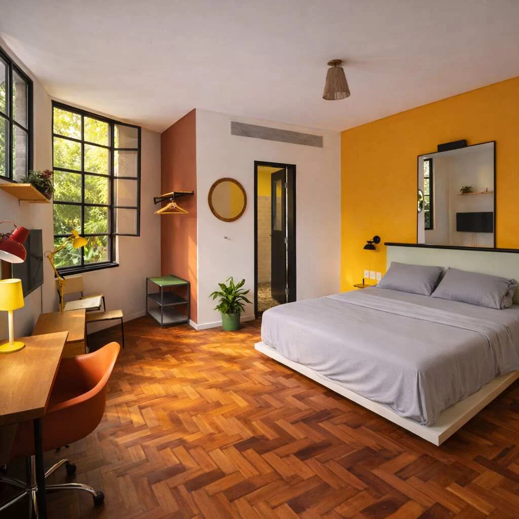 A private room with a large bathroom